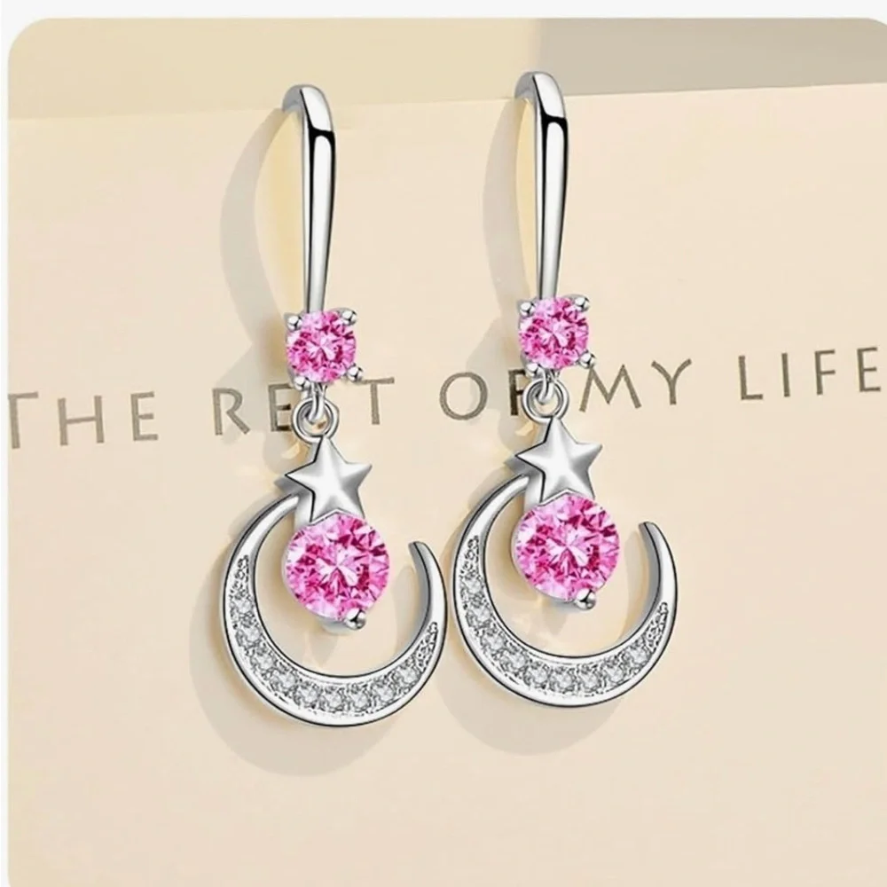NWOT 925 Sterling Silver Pin Crushed Ice CZ Necklace & Pink Dangling Earrings